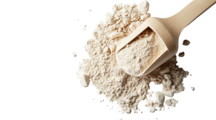 Wooden scoop pouring white powder on transparent background