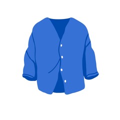 Modern casual blouse, women shirt. Stylish loose apparel, female garment. Top textile wearing with buttons, sleeves. Flat vector illustration isolated on white background