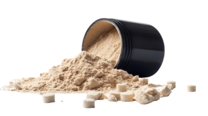 Protein powder supplement jar spilled on transparent background