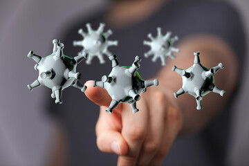 3D render illustration showing hand touching abstract corona virus microbes concept. Prevention and...