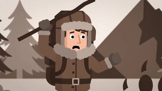 Winter Adventure: Cartoon Hiker Encountering Bear Tracks In A Snowy Forest Illustration