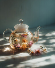 Minimalist floral tea ritual featuring herbal flowers steeping in clear glass teapot evoking calm relaxation and therapeutic wellness ambiance  

