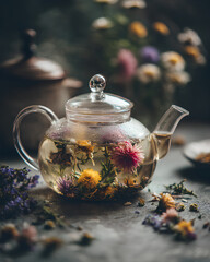 Minimalist floral tea ritual featuring herbal flowers steeping in clear glass teapot evoking calm relaxation and therapeutic wellness ambiance  
