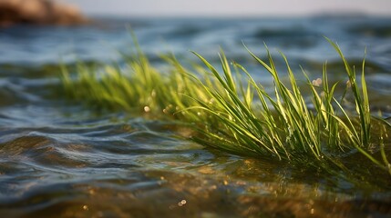Close up of green grass blades gently swaying in sunlit shallow water with soft ripples