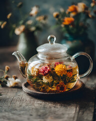 Minimalist floral tea ritual featuring herbal flowers steeping in clear glass teapot evoking calm relaxation and therapeutic wellness ambiance  
