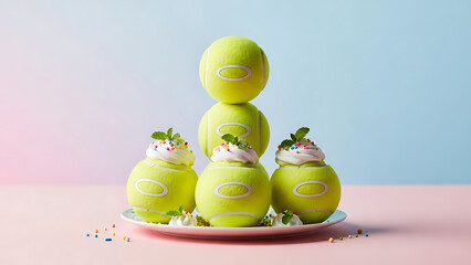 Tennis balls creatively arranged as desserts on a pastel colored background