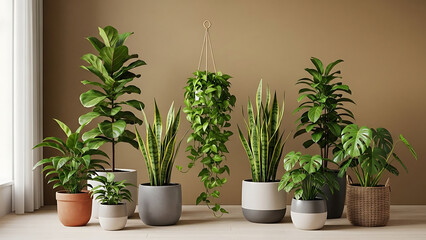 Obraz premium A wide assortment of healthy potted houseplants fills a bright indoor space.