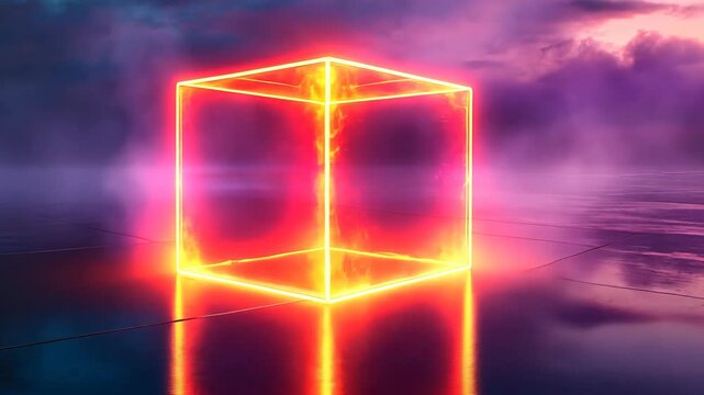 A glowing neon cube stands in a dark, misty environment, its fiery interior reflected in the water below.
