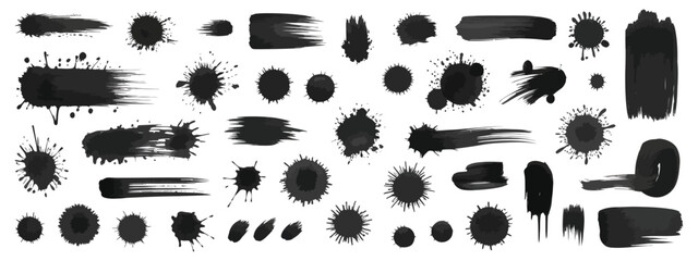 Spray graffiti element vector set, urban street black grunge splatter with brush drips and freehand ink strokes, messy paint stains, splash circles and cool hand writing textures