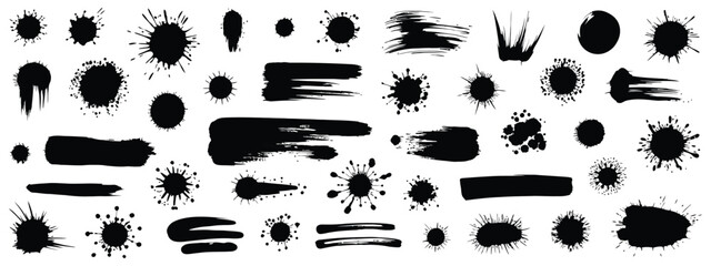 Spray graffiti element vector set, urban street black grunge splatter with brush drips and freehand ink strokes, messy paint stains, splash circles and cool hand writing textures