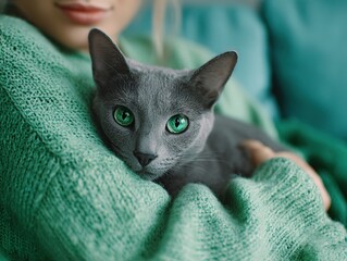 Soft aesthetic showing only a young woman arms in a pastel mint wool sweater holding a cuddly dark gray cat with green eyes. Calm mood, copy space, wellness, lifestyle, branding, mindfulness