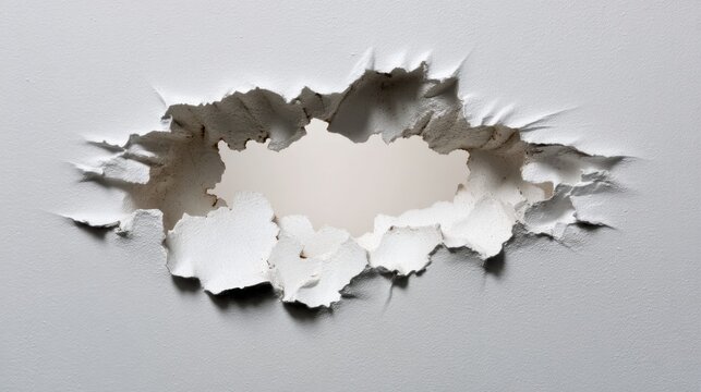 A hole is present in a wall that exposes the material underneath. The edges are torn and uneven revealing the structure and texture found in building materials.