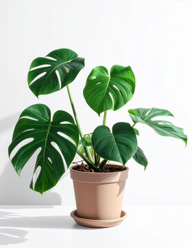 Monstera plant with big green leaves in a white pot on white isolated background 
