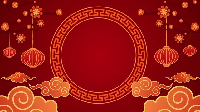 Red gold Chinese with culture lantern, flowers, and cloud decoration gate background