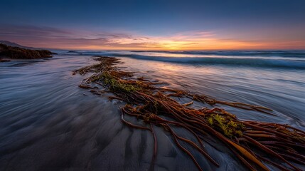 Dramatic twilight paints the sky over a serene beach with gentle waves and abundant seaweed on wet sand