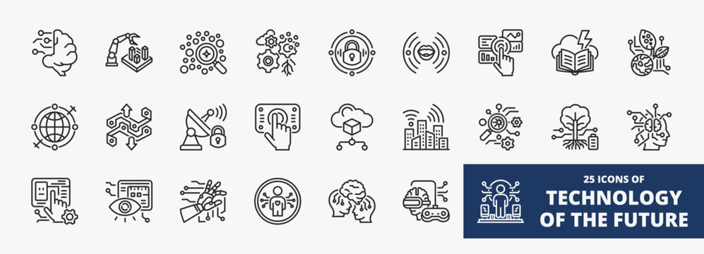 Set of a collection of technology of the future icons suitable for web and mobile application. Set of outline style icons with neurologic, architect, analyst, adaptation, cybersafe, and more icons