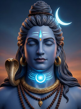 Close up face of meditating shiva with glowing blue throat and crescent moon symbol for mahadev and mahashiv ratri design