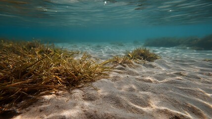 Obraz premium Underwater view of seagrass growing on a sandy seabed in clear blue water
