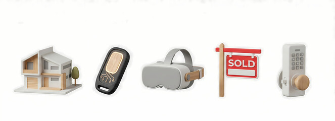 A collection of modern real estate and smart home technology items including a house model, remote key, VR headset, sold sign, and smart lock.