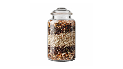 Tri-color quinoa grains stored in a clear glass jar with a lid