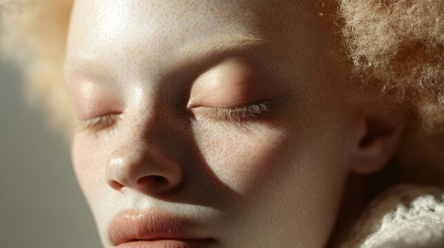 Close-up of a woman's face resting with her eyes closed, showcasing natural beauty.