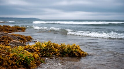 Lush brown and green seaweed covers the shore kissed by gentle ocean waves under a moody overcast sky