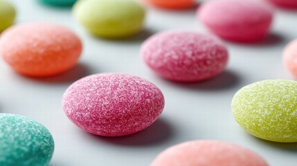 Colorful candies arranged on a light gray surface, close-up shot.
