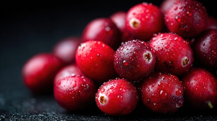 Close-up of fresh, ripe cranberries with water droplets against a dark background.