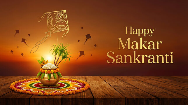 Wooden table with floral rangoli and golden pot containing sugarcane and rice for happy makar sankranti and pongal festival at sunset