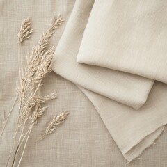 Folded beige linen fabric and dry decorative plants are creating cozy atmosphere, perfect for representing sustainable and natural materials for home textiles