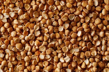 A close-up shot of a collection of light brown coffee beans.