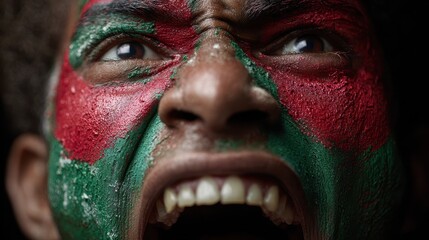 Obraz premium A shouting man with the Bangladeshi flag painted on his face