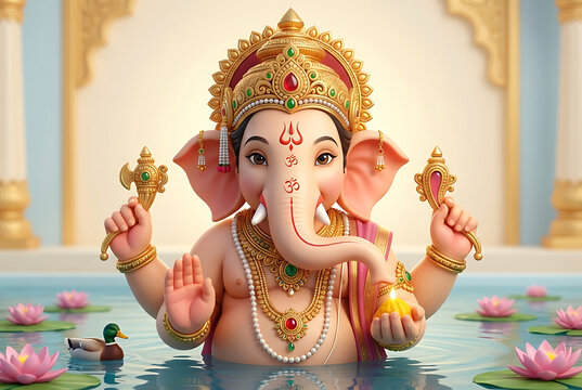 Adorable baby ganesha idol submerged in water with lotus and duck for eco friendly ganesh chaturthi and sankashti chaturthi visarjan festival celebration concept art