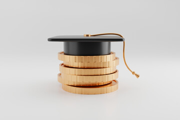 A graduation cap on a pile of coins, against a white background. The concept relates to education expenses and investment in education. 3D rendering.