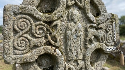 Intricate close-up of a weathered ancient Celtic stone cross featuring detailed religious figures and traditional knotwork carvings, evoking historical and spiritual significance