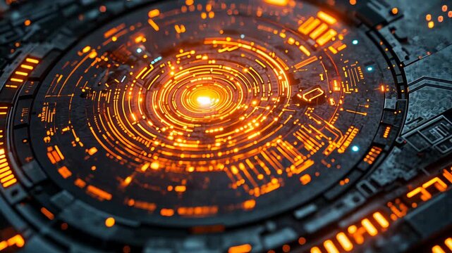Close-up of a futuristic, circular circuit board with glowing orange lights, suggesting advanced technology.