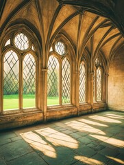 Ornate gothic cloister walkway with arched windows and stone walls, sunlight casting dramatic shadows on the floor, overlooking a serene green courtyard