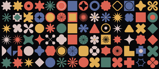 Brutalist Geometric Shape Vector Set: Trendy Abstract Minimalist Figures, Stars, Flowers, and Circles, Modern Graphic Design Elements for Posters, Branding, and Contemporary Art Projects