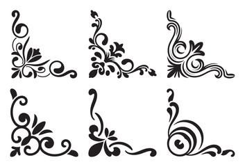 A collection of six elegant black corner flourishes and floral swirl designs for decorative borders