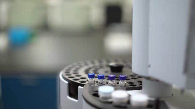 Close-up of an automated laboratory analyzer with sample tray and vials