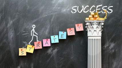 Strategy leads to Success - a metaphor showing strategy as a fundament that is essential for success. Symbolizes the importance of strategy and cause and effect relationship. ,3d illustration