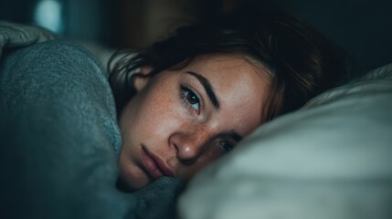 Exhausted young woman struggles with insomnia in bed feeling down or unwell