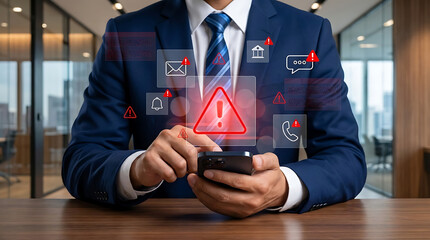 Businessman holding smartphone with multiple red warning alert icons for system failure and cyber security breach concept