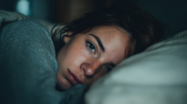 Exhausted young woman struggles with insomnia in bed feeling down or unwell