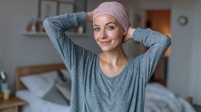 Female cancer patient in a wig standing in her bedroom
