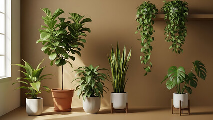 A diverse collection of various potted houseplants stand by a sunlit window.
