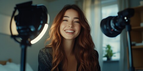 Fototapeta premium A woman with long brown hair is smiling in front of a camera. There are two lights behind her, one of which is a ring light