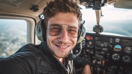 Joyful pilot in aircraft cockpit with headset and controls takes selfie