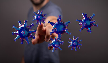 Concept image depicting a person interacting with a visual representation of viral particles, symbolizing dise