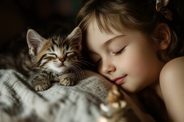 A young child enjoys a restful sleep beside a loving cat, creating a serene and heartwarming scene.